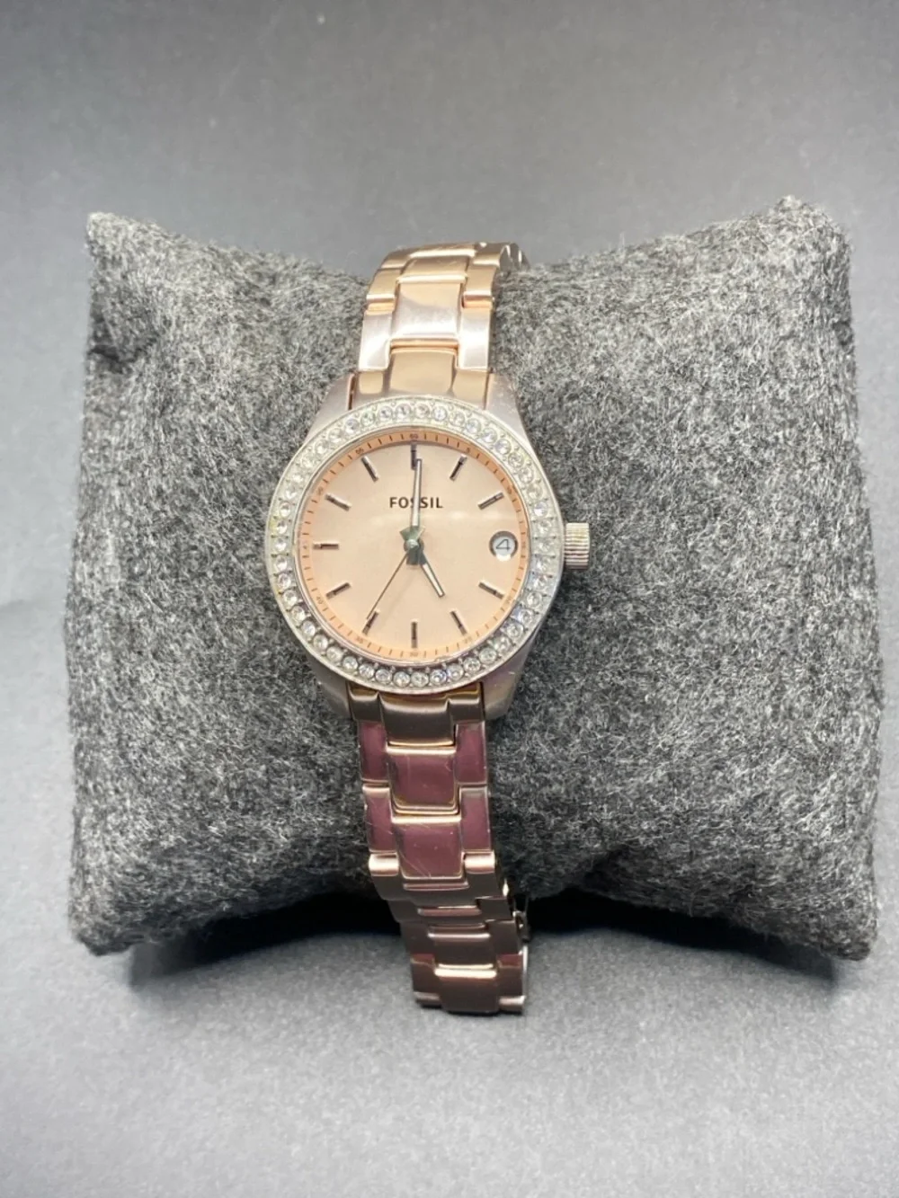 FOSSIL Stella Rose Silver-Tone Watch Blush Dial Pave Crystal Bezel ES-2976 31mm